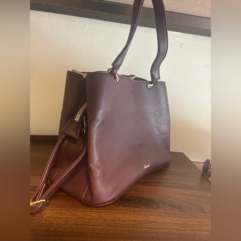 Burgundy Structured Satchel Bag Gold V Top Handle Crossbody Purse - Picture 9 of 12